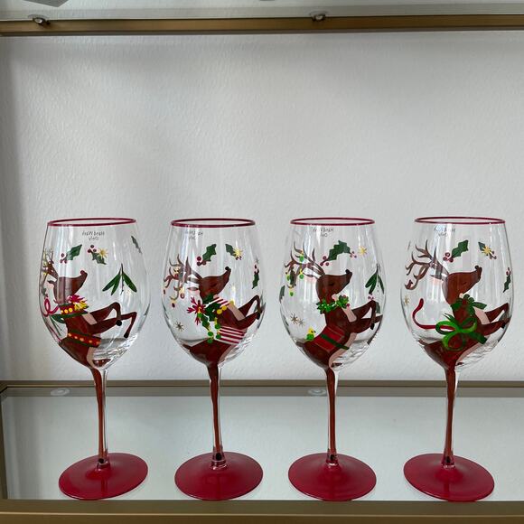 Neiman Marcus Hand-Painted Reindeer Christmas Wine Glasses Set of 4 New - Picture 5 of 16